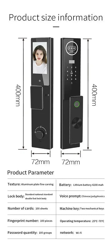 3D Face Recognition Tuya Fully Automatic Smart Door Lock cat Eye Video Intercom Home Anti-theft Door Lock Fingerprint Lock