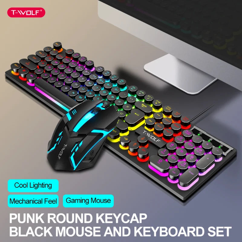 TF270 Wired Keyboard Mouse Combos Cool Backlight Effect 104 Keys Multimedia Function Punk Keyboard Optical Engine Mouse for PC
