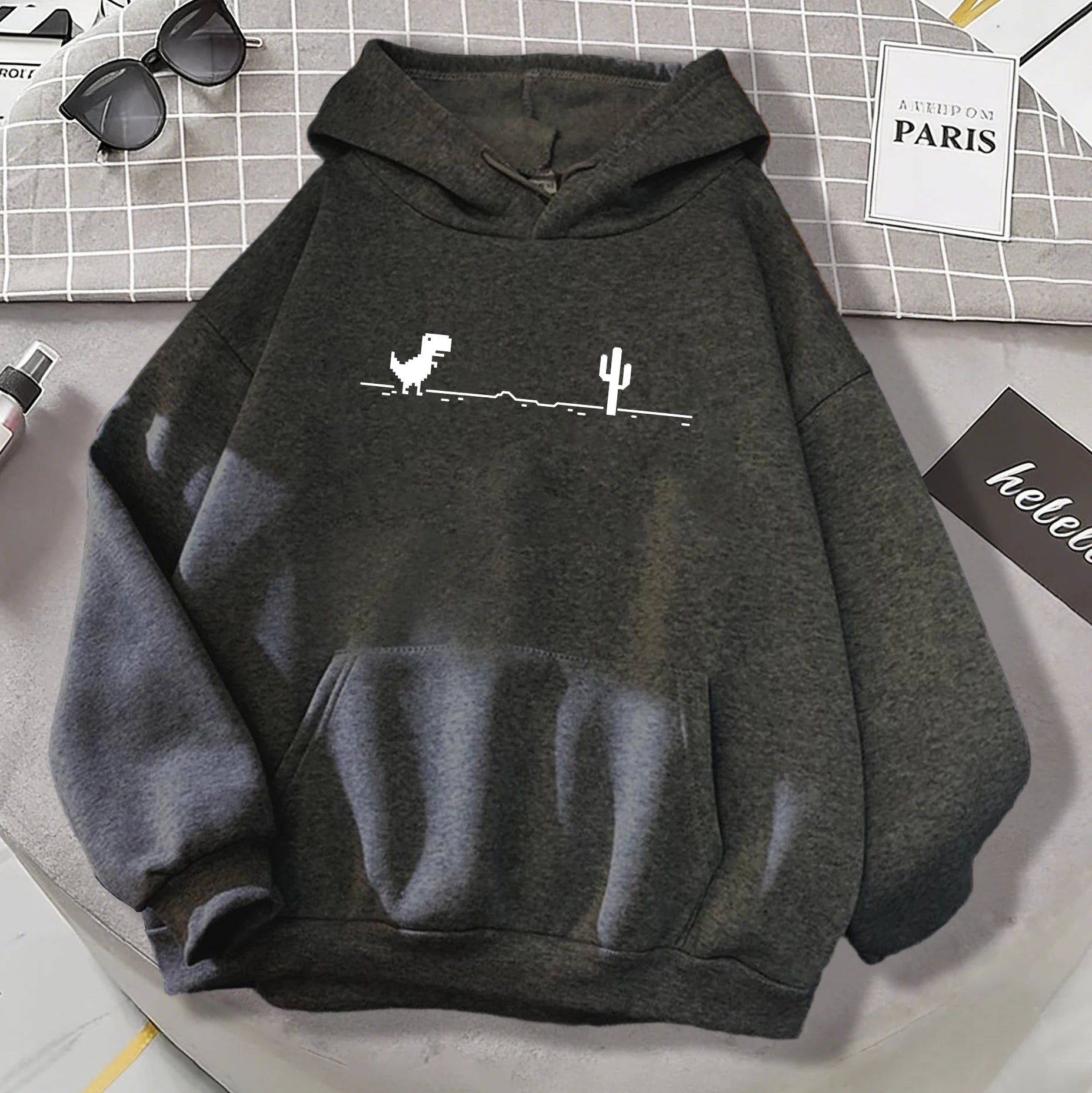 Mosaic Game Cactus Little Dinosaur Mens Hoodies Casual All-Match Pullover Loose Autumn Streetwear Unisex Warm Fleece Clothing