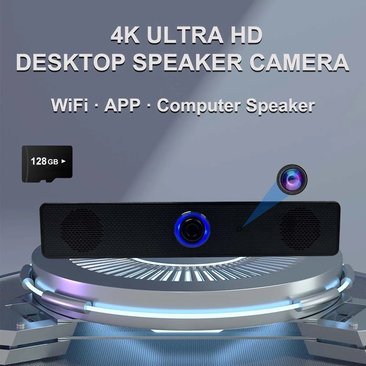 4K WiFi Desktop Bluetooth Speaker Camera – Motion Detection, Remote Viewing, Loop Recording, Home Office Surveillance Monitor
