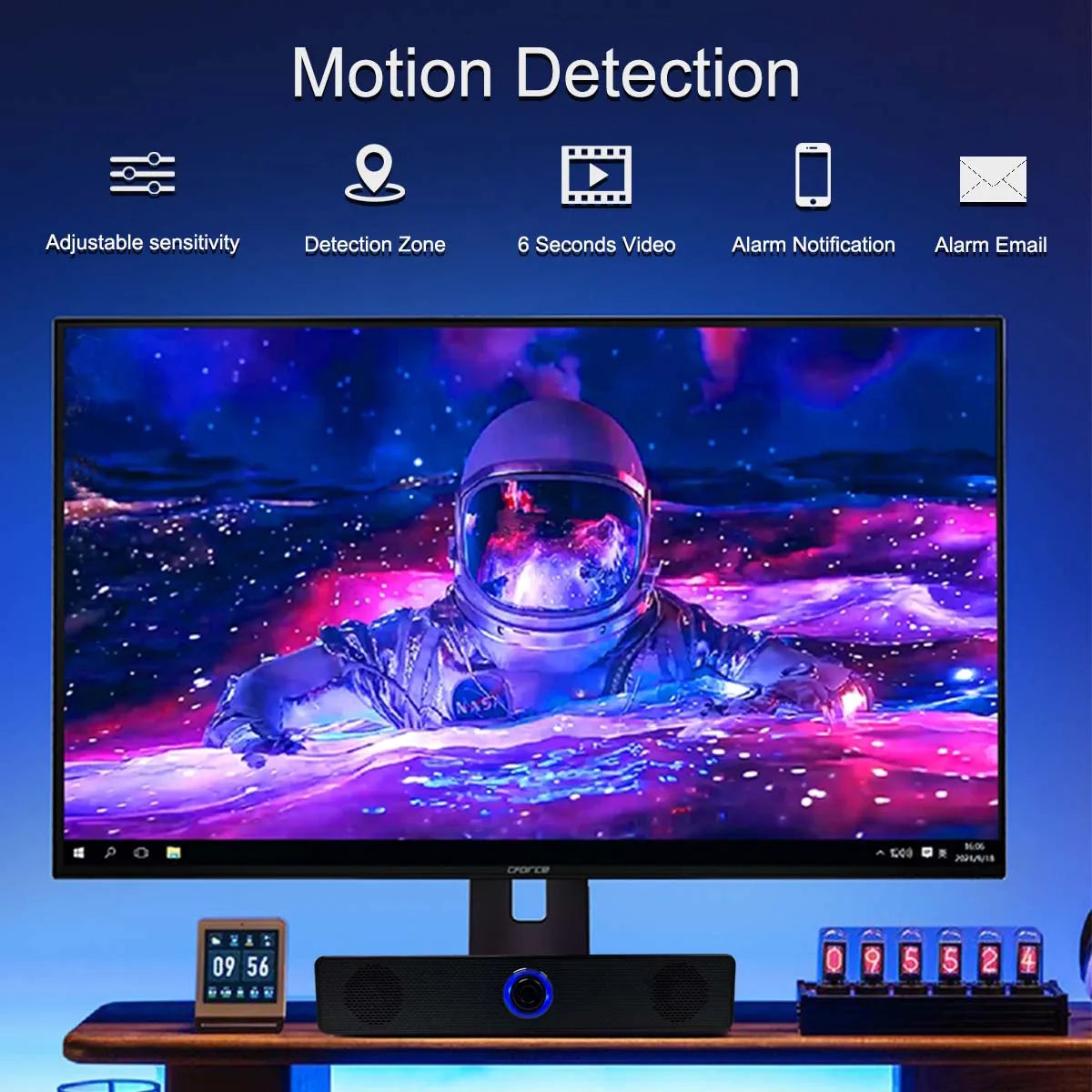 4K WiFi Desktop Bluetooth Speaker Camera – Motion Detection, Remote Viewing, Loop Recording, Home Office Surveillance Monitor