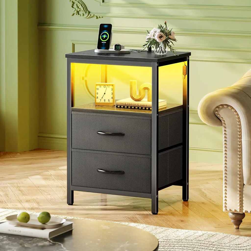 Modern Nightstand with Charging Station, LED Lights, 2 Drawers & Open Shelf - Black Bedside Table for Bedroom