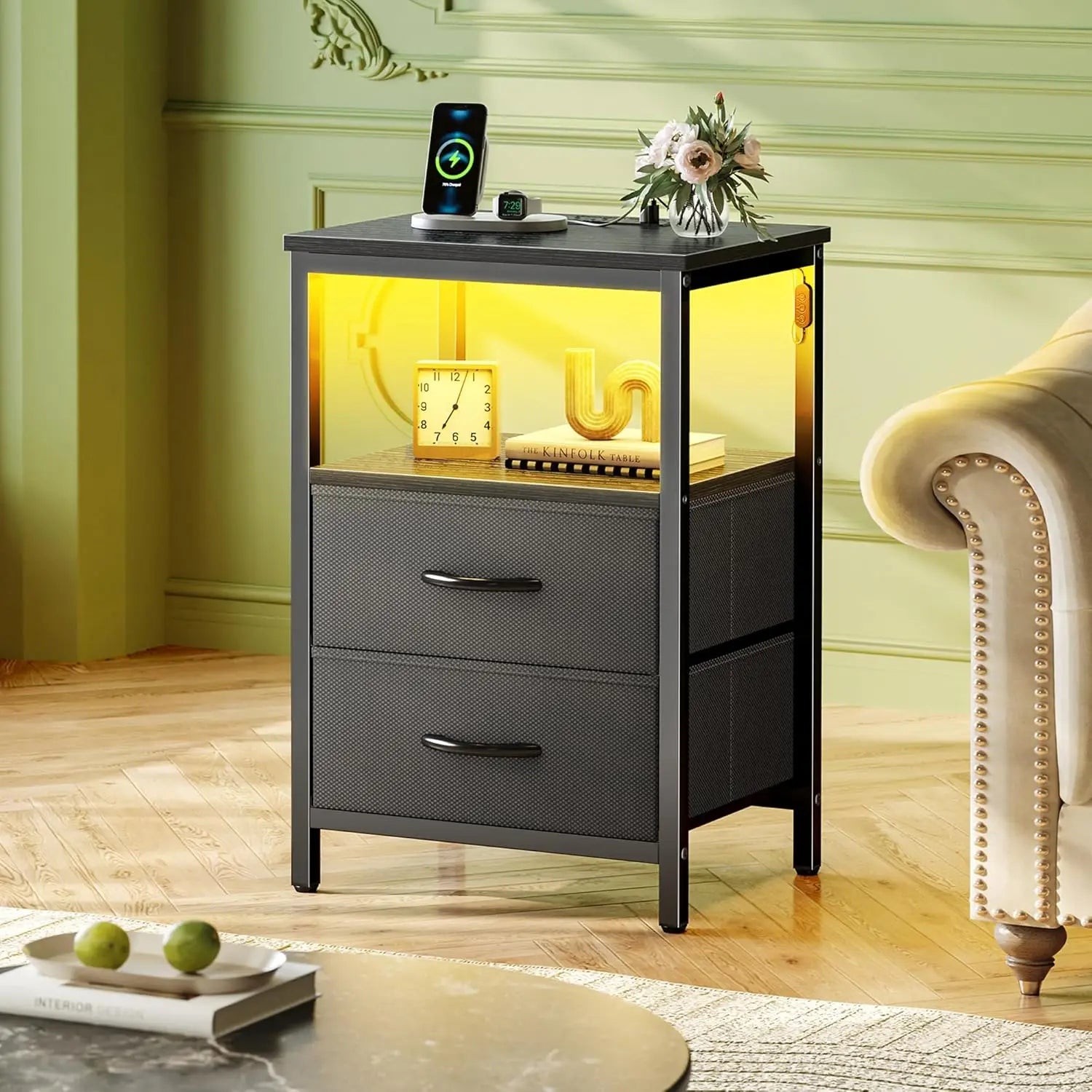 Modern Nightstand with Charging Station, LED Lights, 2 Drawers & Open Shelf - Black Bedside Table for Bedroom