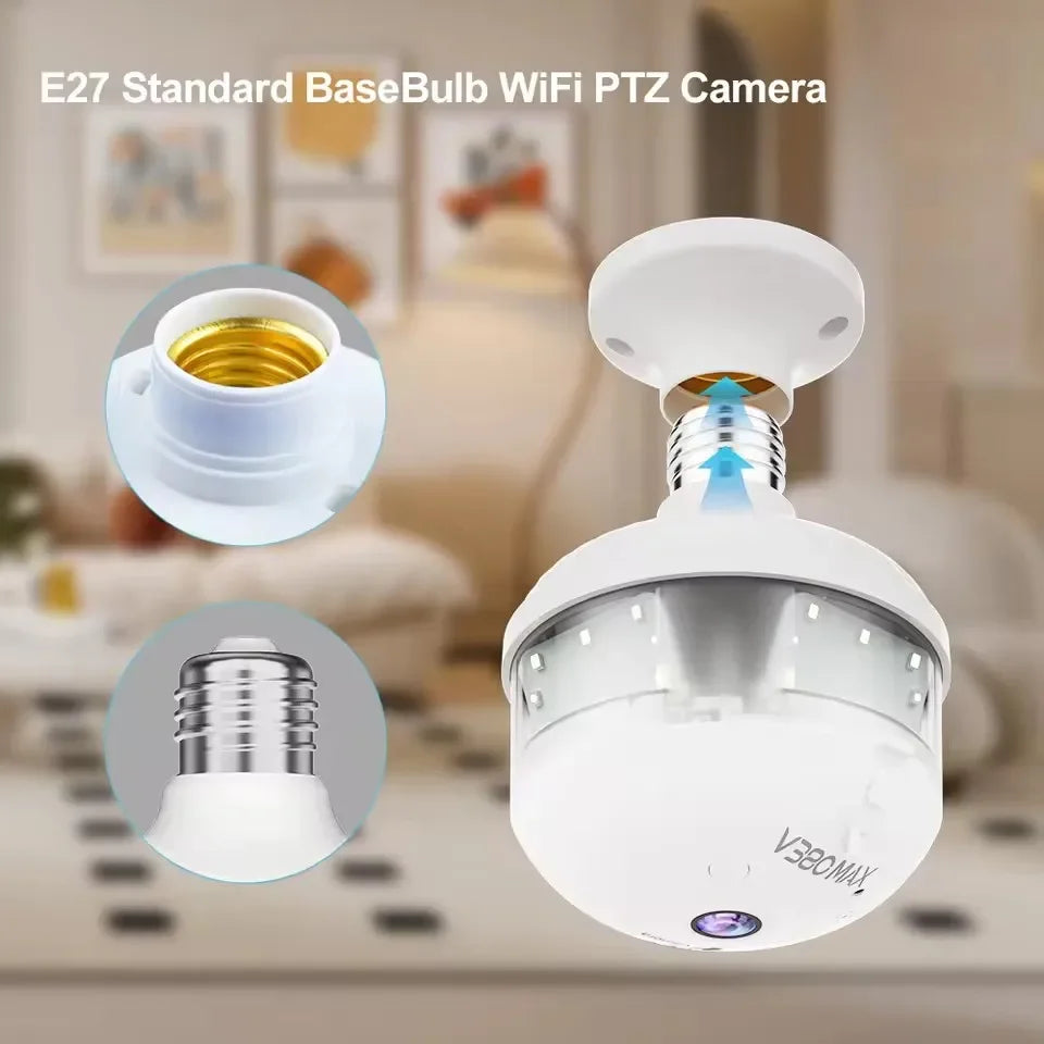 3MP PTZ Light Bulb Camera V380 Pro APP Floodlight Wireless WiFi 360 Degree Fisheye Panoramic Light Bulb CCTV Security Camera