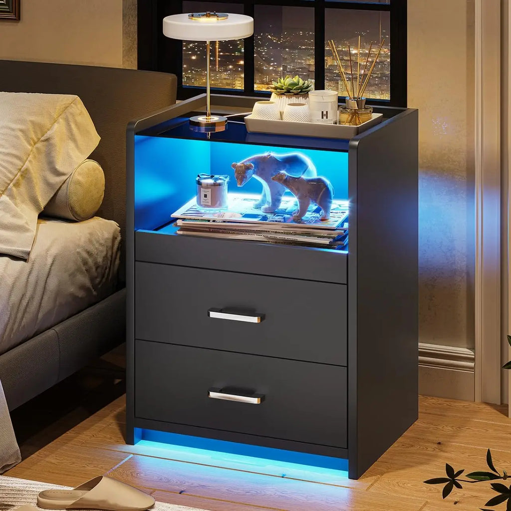 Nightstand with Charging Station and LED Lights, Black Night Stand with Glass Top and Storage Drawers, End Side, Customized