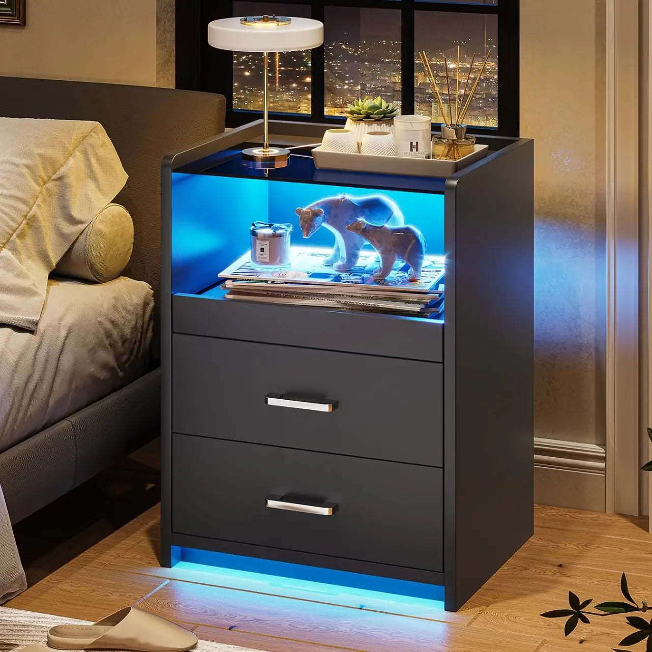Nightstand with Charging Station and LED Lights, Black Night Stand with Glass Top and Storage Drawers, End Side, Customized