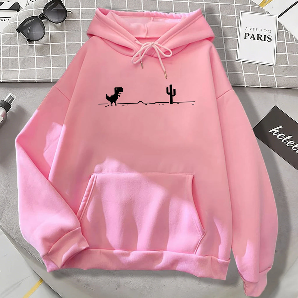 Mosaic Game Cactus Little Dinosaur Mens Hoodies Casual All-Match Pullover Loose Autumn Streetwear Unisex Warm Fleece Clothing