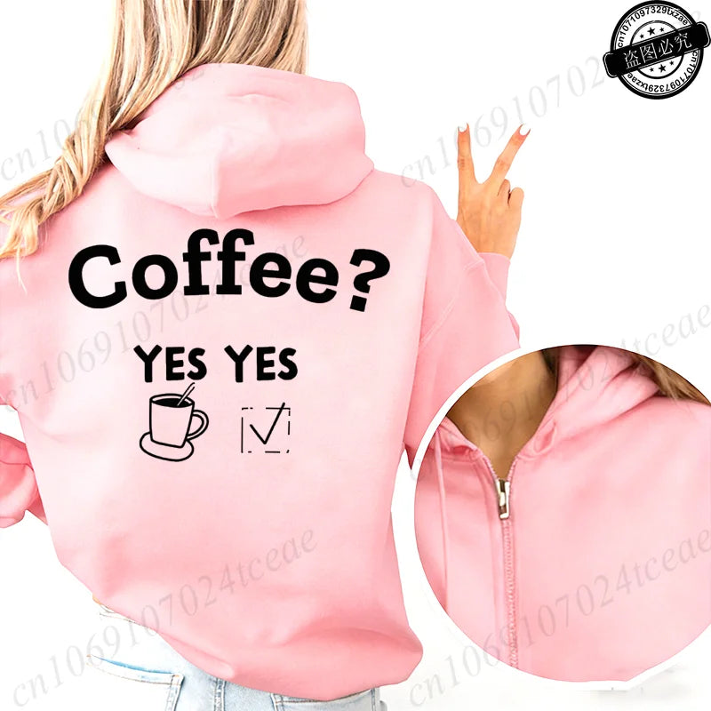 Fashion Streetwear Women's Funny Self Care Hooded Jacket with Minimalist Caffeine Print Trendy Zip Up Sweatshirt Coffee Hoodies