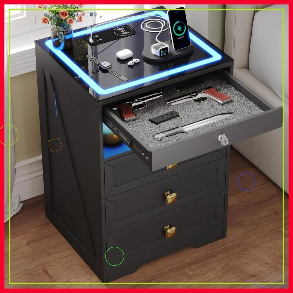 Smart Nightstand with Lockable Gun Drawer, Charging Station & 3 LED Lights, Modern Bedside Table for Bedroom