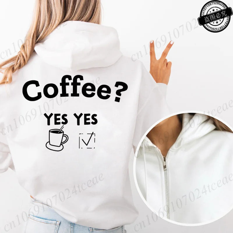 Fashion Streetwear Women's Funny Self Care Hooded Jacket with Minimalist Caffeine Print Trendy Zip Up Sweatshirt Coffee Hoodies