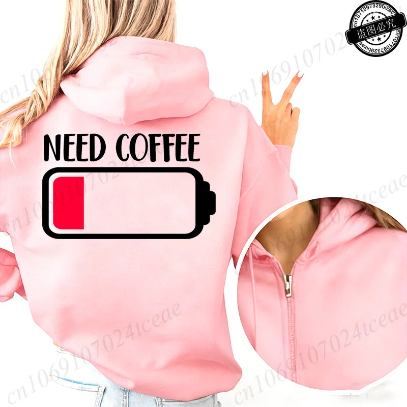 Fashion Streetwear Women's Funny Self Care Hooded Jacket with Minimalist Caffeine Print Trendy Zip Up Sweatshirt Coffee Hoodies