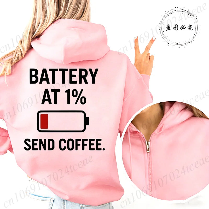 Fashion Streetwear Women's Funny Self Care Hooded Jacket with Minimalist Caffeine Print Trendy Zip Up Sweatshirt Coffee Hoodies