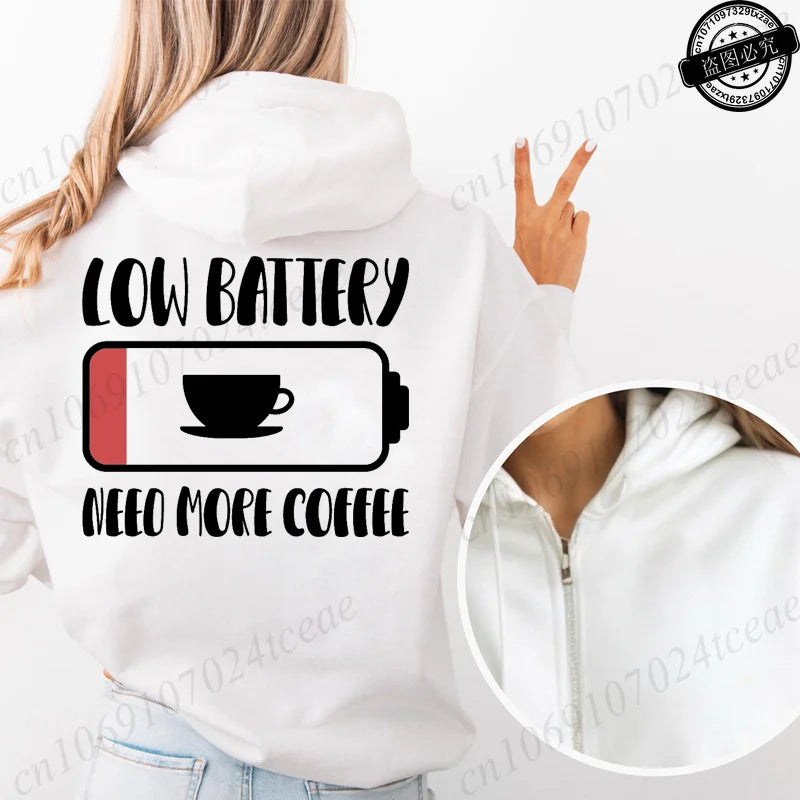 Fashion Streetwear Women's Funny Self Care Hooded Jacket with Minimalist Caffeine Print Trendy Zip Up Sweatshirt Coffee Hoodies