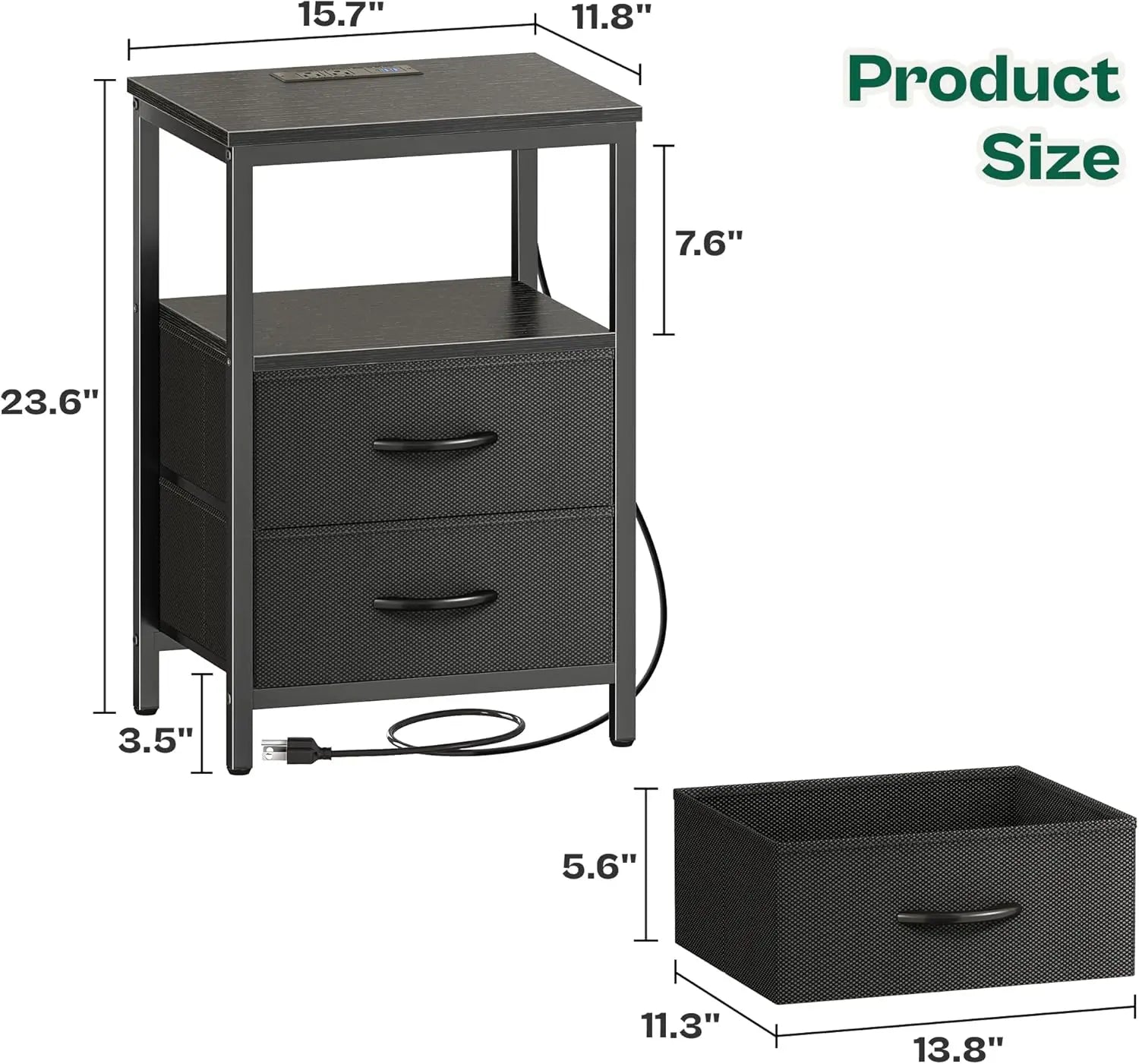 Modern Nightstand with Charging Station, LED Lights, 2 Drawers & Open Shelf - Black Bedside Table for Bedroom
