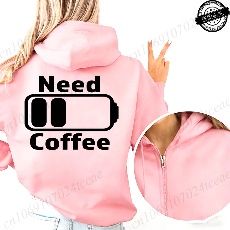Fashion Streetwear Women's Funny Self Care Hooded Jacket with Minimalist Caffeine Print Trendy Zip Up Sweatshirt Coffee Hoodies