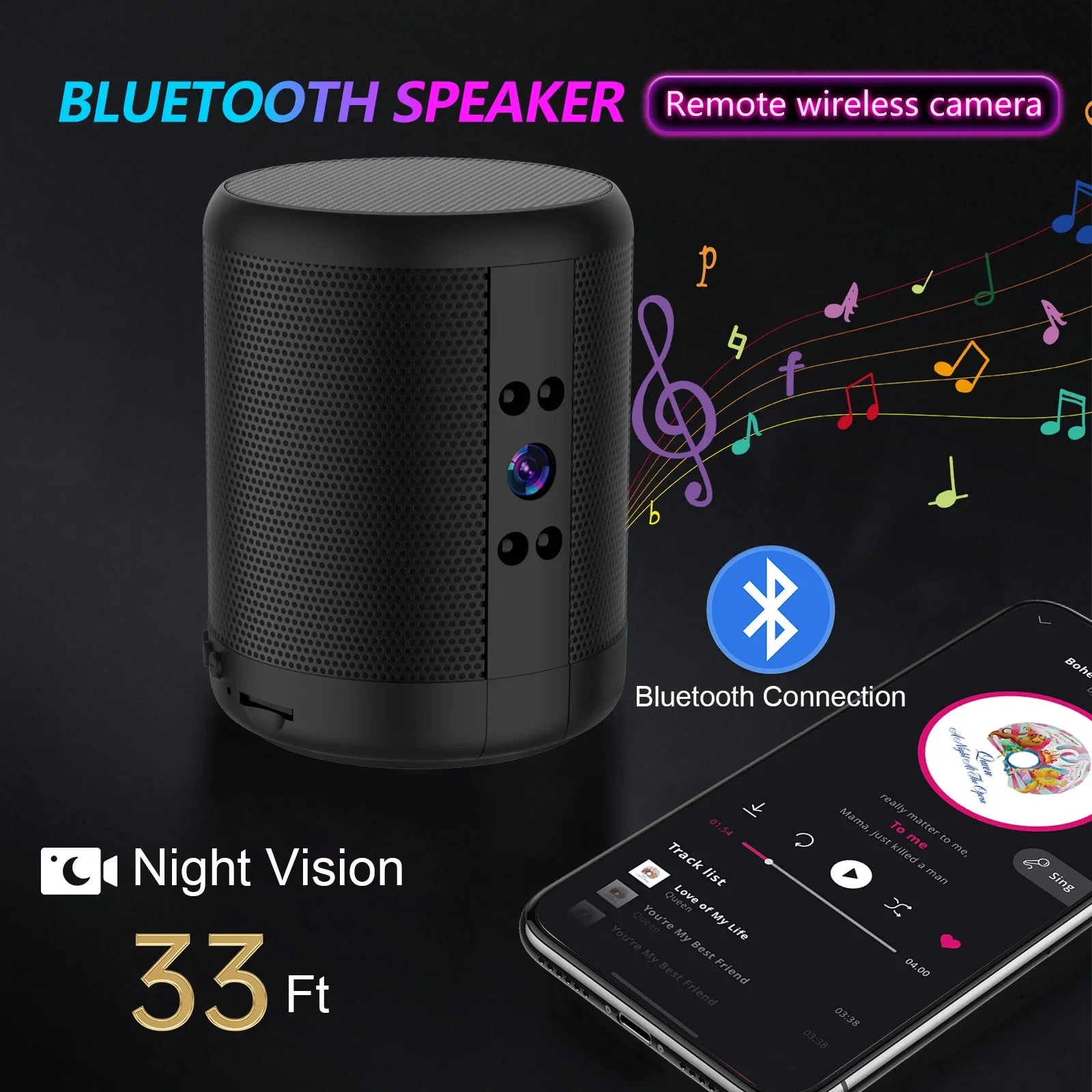 WiFi Security Camera Speaker Video Recorder HD Night Vision 140 Degree Wide Angle Lens 2 Way Talk 2K Loop Recording for Office