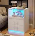 Nightstand with Charging Station and LED Lights, Black Night Stand with Glass Top and Storage Drawers, End Side, Customized