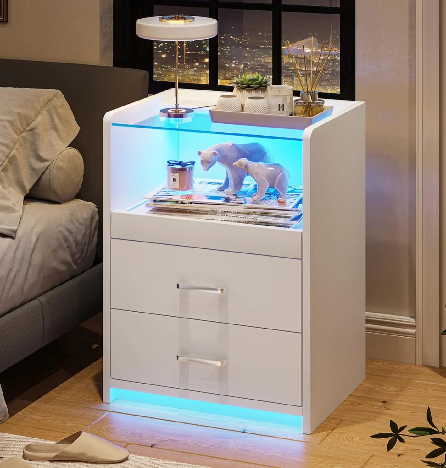 Nightstand with Charging Station and LED Lights, Black Night Stand with Glass Top and Storage Drawers, End Side, Customized