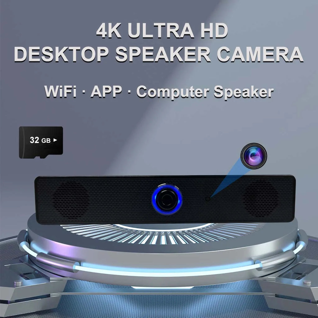 4K WiFi Desktop Bluetooth Speaker Camera – Motion Detection, Remote Viewing, Loop Recording, Home Office Surveillance Monitor