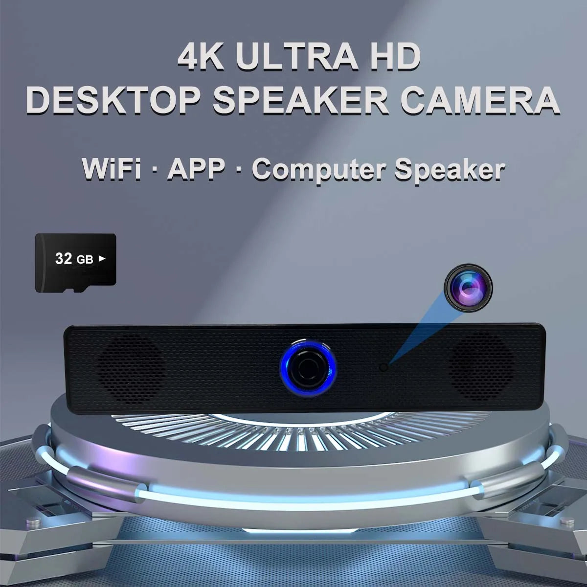 4K WiFi Desktop Bluetooth Speaker Camera – Motion Detection, Remote Viewing, Loop Recording, Home Office Surveillance Monitor
