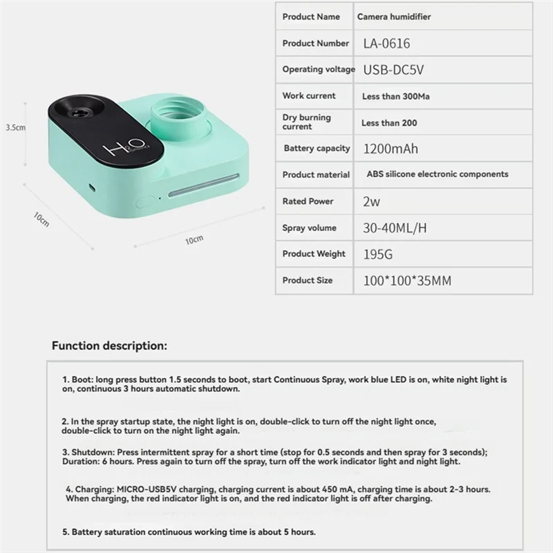 HRBAJ-Mini Camera Shape Humidifier USB Portable Large Mist Volume Desktop Water Bottle Humidifier For Bedroom Office A