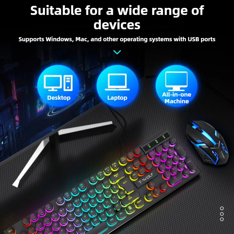 TF270 Wired Keyboard Mouse Combos Cool Backlight Effect 104 Keys Multimedia Function Punk Keyboard Optical Engine Mouse for PC