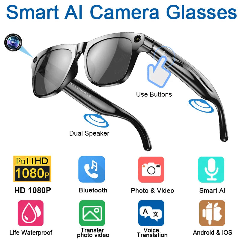xkoenPro AI Smart Glasses 100MP Camera Built-in Flash Waterproof Bluetooth Call Playing Music Take Photos Audio/Video Recording