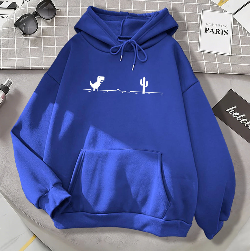 Mosaic Game Cactus Little Dinosaur Mens Hoodies Casual All-Match Pullover Loose Autumn Streetwear Unisex Warm Fleece Clothing