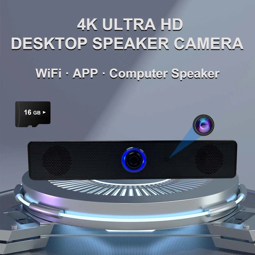 4K WiFi Desktop Bluetooth Speaker Camera – Motion Detection, Remote Viewing, Loop Recording, Home Office Surveillance Monitor