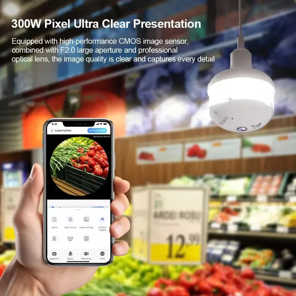 3MP PTZ Light Bulb Camera V380 Pro APP Floodlight Wireless WiFi 360 Degree Fisheye Panoramic Light Bulb CCTV Security Camera