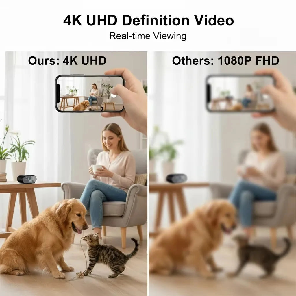 5-in-1 Mini WiFi Camera with Wireless Charger 4K UHD Smart Alarm Clock Cameras with 32GB SD Card Temperature Display Camcorders