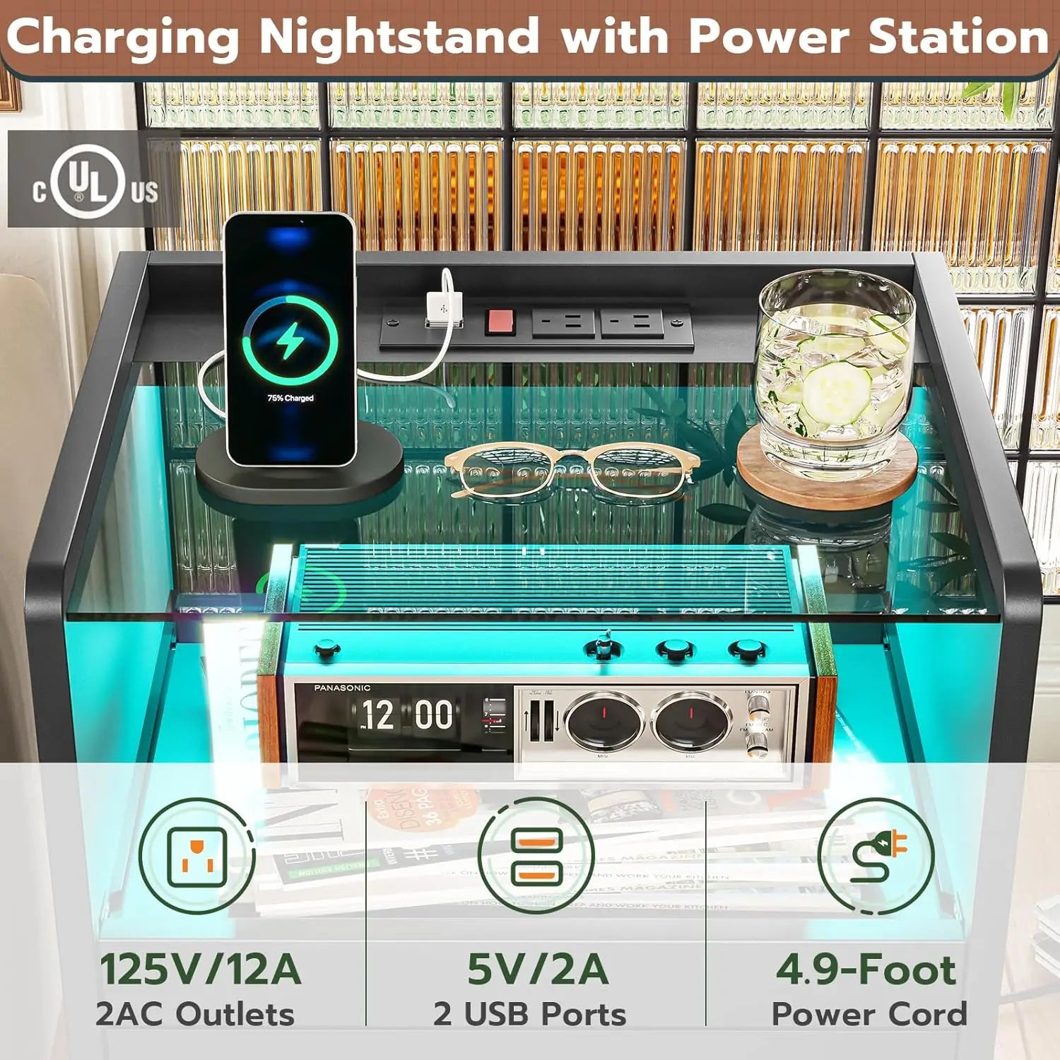 Nightstand with Charging Station and LED Lights, Black Night Stand with Glass Top and Storage Drawers, End Side, Customized