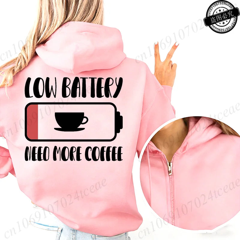 Fashion Streetwear Women's Funny Self Care Hooded Jacket with Minimalist Caffeine Print Trendy Zip Up Sweatshirt Coffee Hoodies