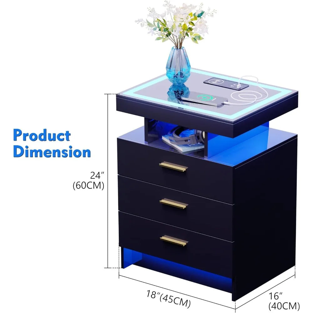 2 Set Nightstands with Wireless Charging Station, Auto Sensor 3 Color Dimmable LED Night Stand, Modern Bedside Table with 3 Dra