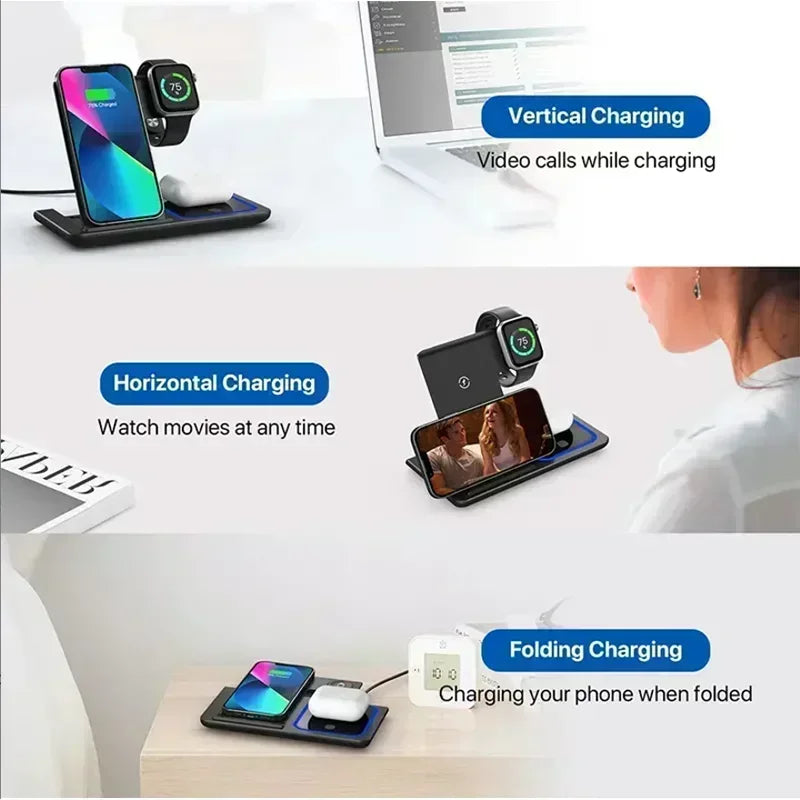 4 In 1 Wireless Charger LED Light Phone Stand For iPhone 16 15 14 13 12 Apple Watch 8 7 6 AirPods Foldable Fast Charging Station
