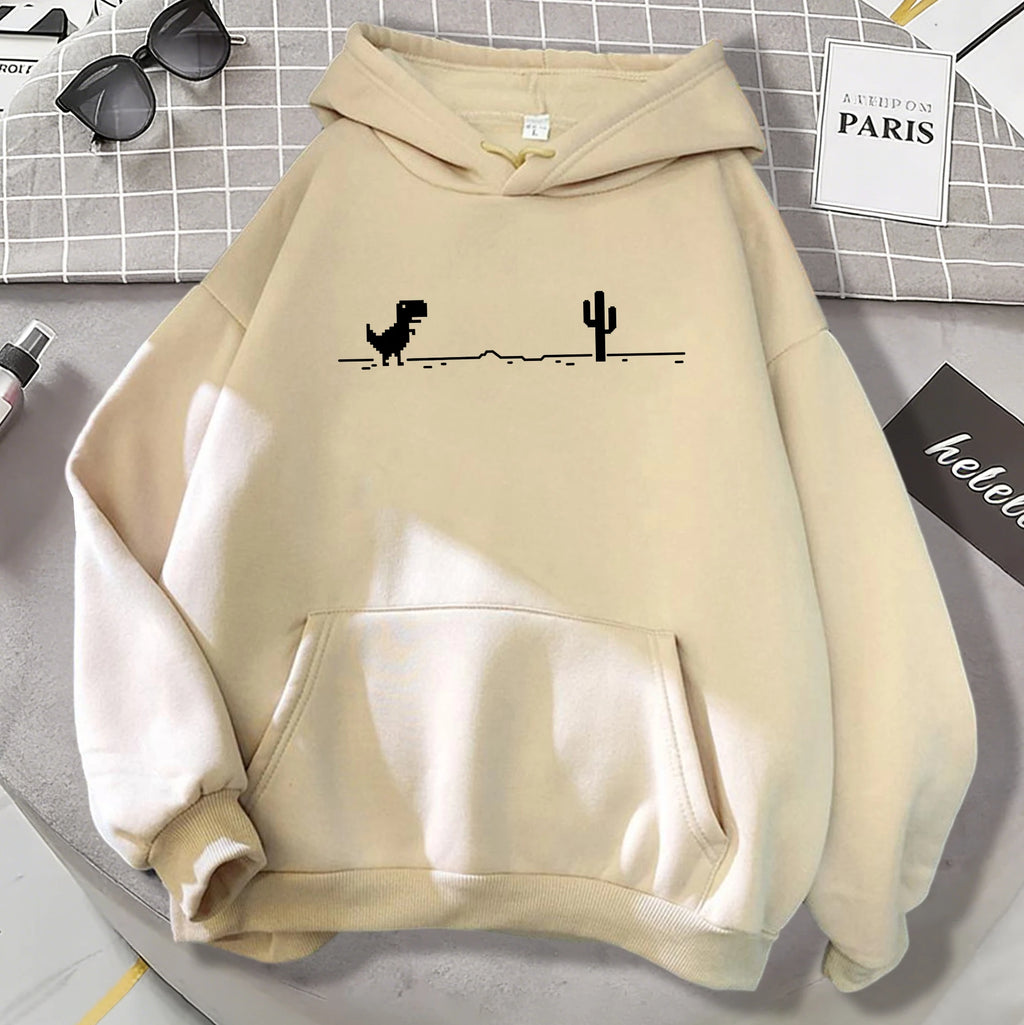 Mosaic Game Cactus Little Dinosaur Mens Hoodies Casual All-Match Pullover Loose Autumn Streetwear Unisex Warm Fleece Clothing
