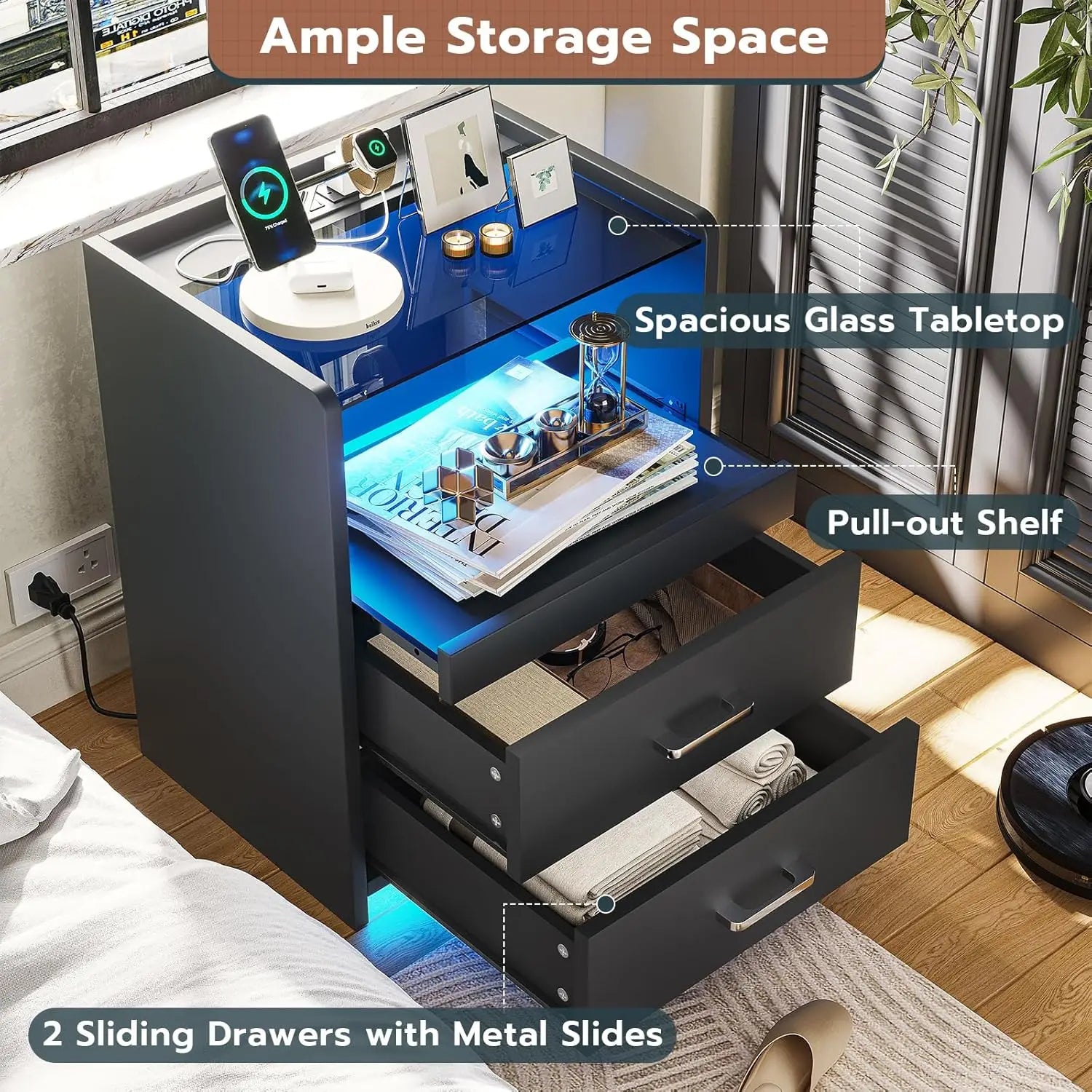 Nightstand with Charging Station and LED Lights, Black Night Stand with Glass Top and Storage Drawers, End Side, Customized