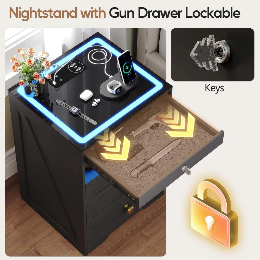 Smart Nightstand with Lockable Gun Drawer, Charging Station & 3 LED Lights, Modern Bedside Table for Bedroom