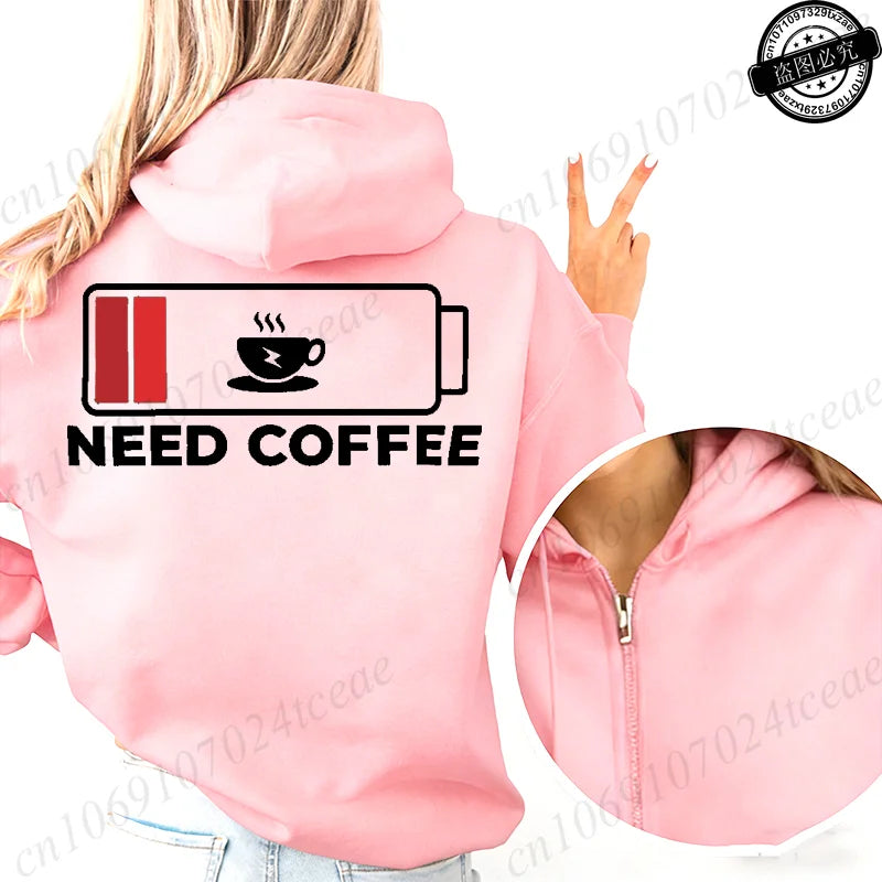 Fashion Streetwear Women's Funny Self Care Hooded Jacket with Minimalist Caffeine Print Trendy Zip Up Sweatshirt Coffee Hoodies