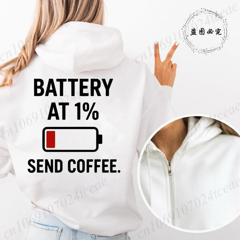 Fashion Streetwear Women's Funny Self Care Hooded Jacket with Minimalist Caffeine Print Trendy Zip Up Sweatshirt Coffee Hoodies