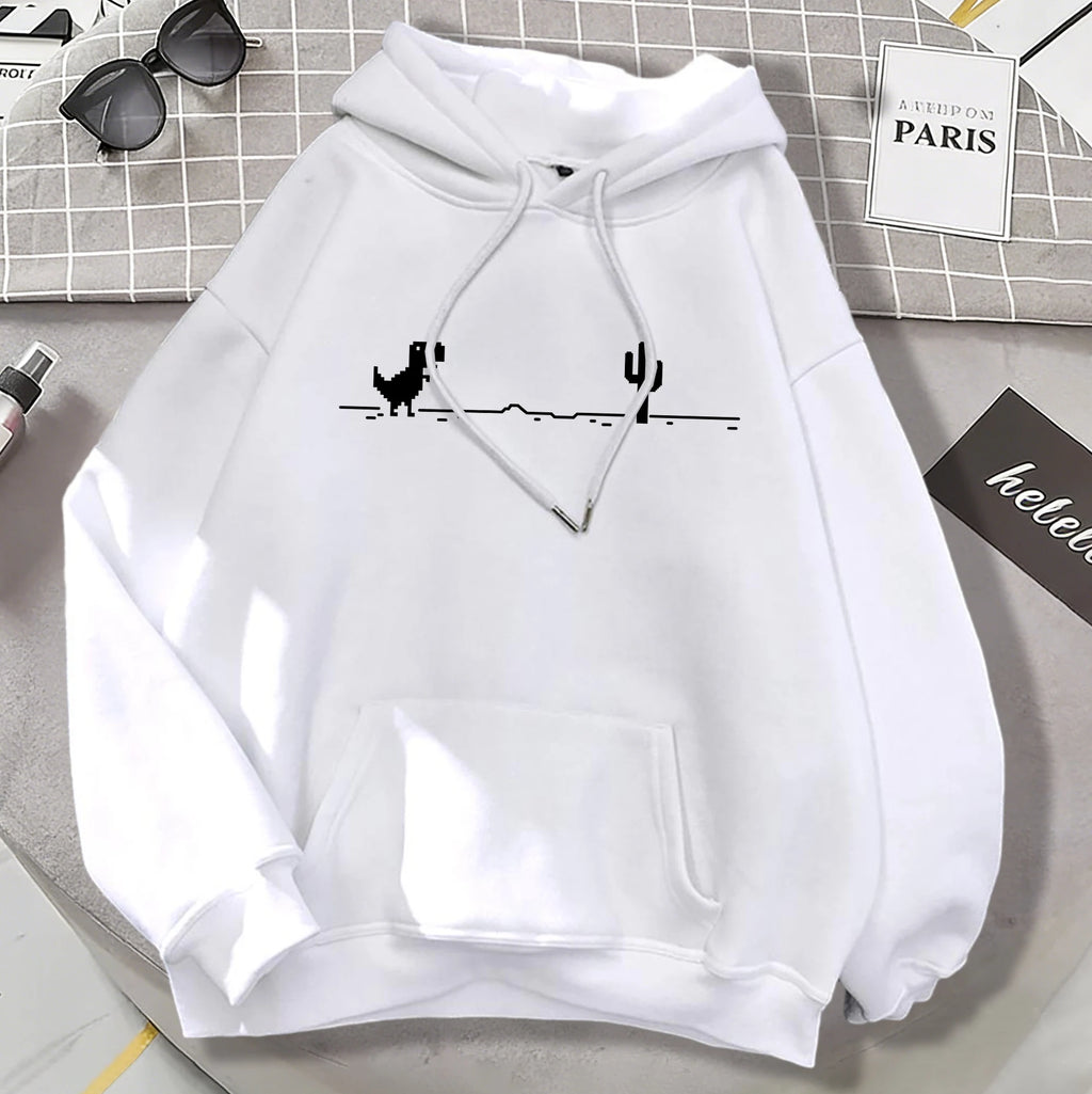 Mosaic Game Cactus Little Dinosaur Mens Hoodies Casual All-Match Pullover Loose Autumn Streetwear Unisex Warm Fleece Clothing