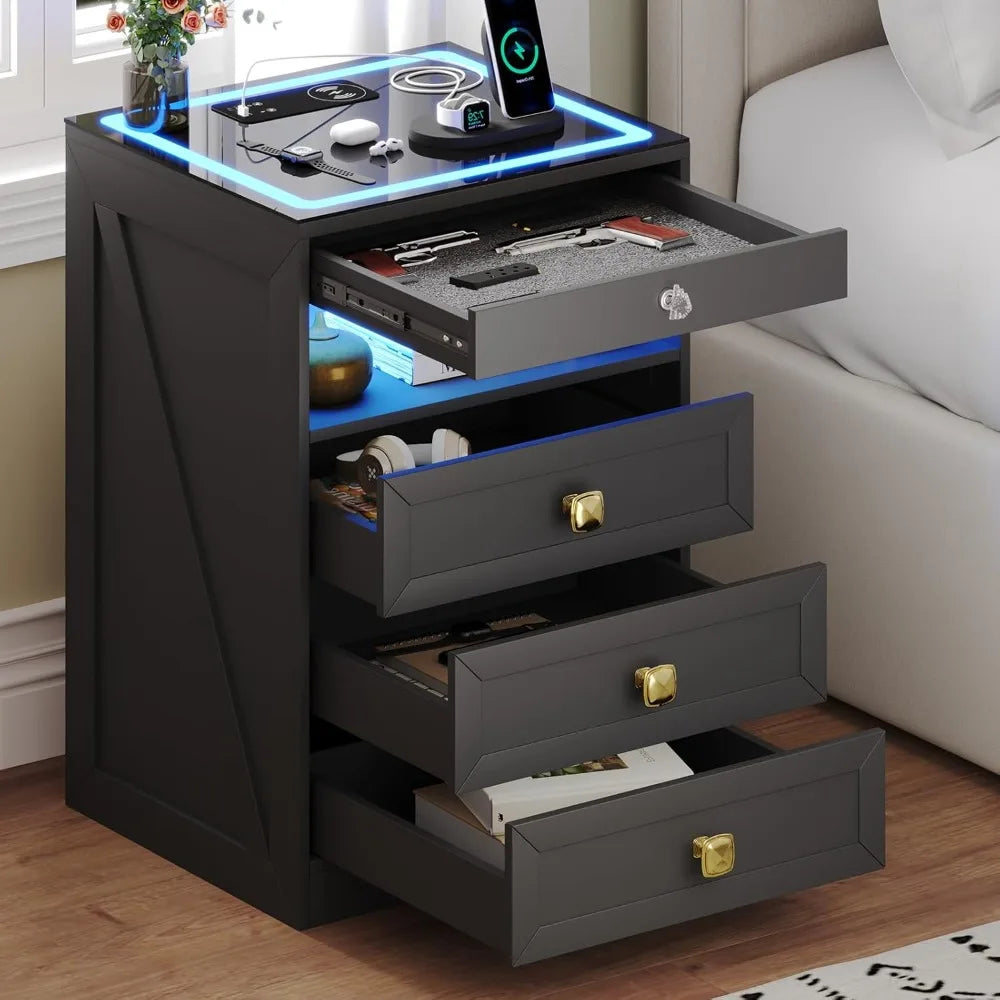 Smart Nightstand with Lockable Gun Drawer, Charging Station & 3 LED Lights, Modern Bedside Table for Bedroom