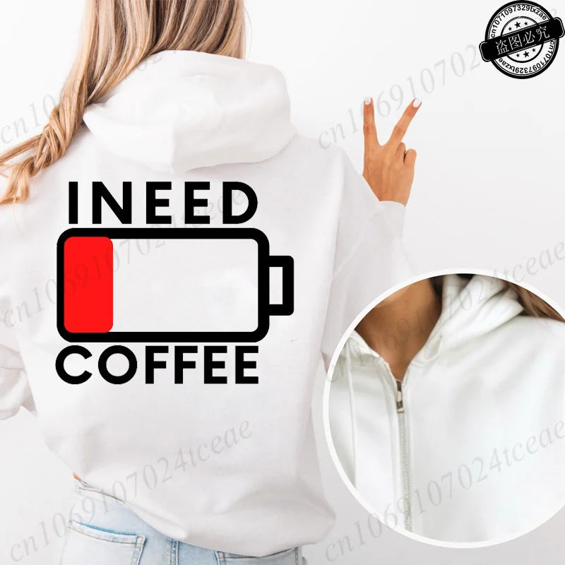 Fashion Streetwear Women's Funny Self Care Hooded Jacket with Minimalist Caffeine Print Trendy Zip Up Sweatshirt Coffee Hoodies