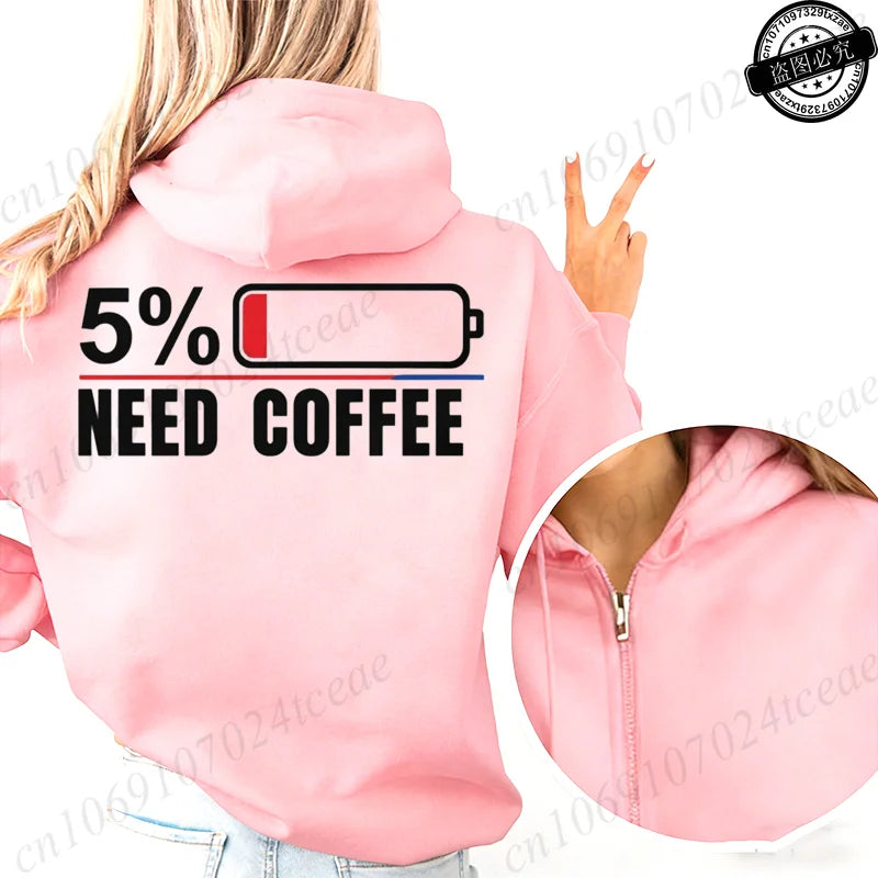 Fashion Streetwear Women's Funny Self Care Hooded Jacket with Minimalist Caffeine Print Trendy Zip Up Sweatshirt Coffee Hoodies