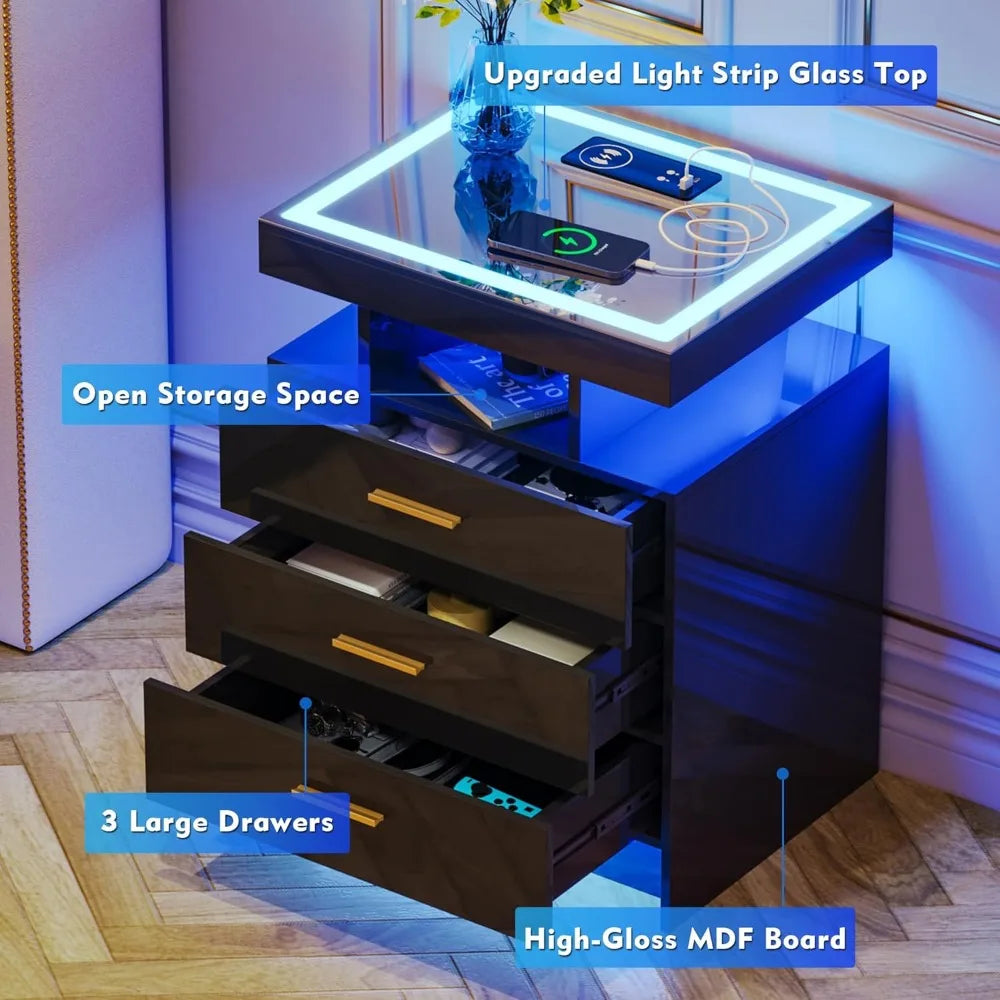 2 Set Nightstands with Wireless Charging Station, Auto Sensor 3 Color Dimmable LED Night Stand, Modern Bedside Table with 3 Dra
