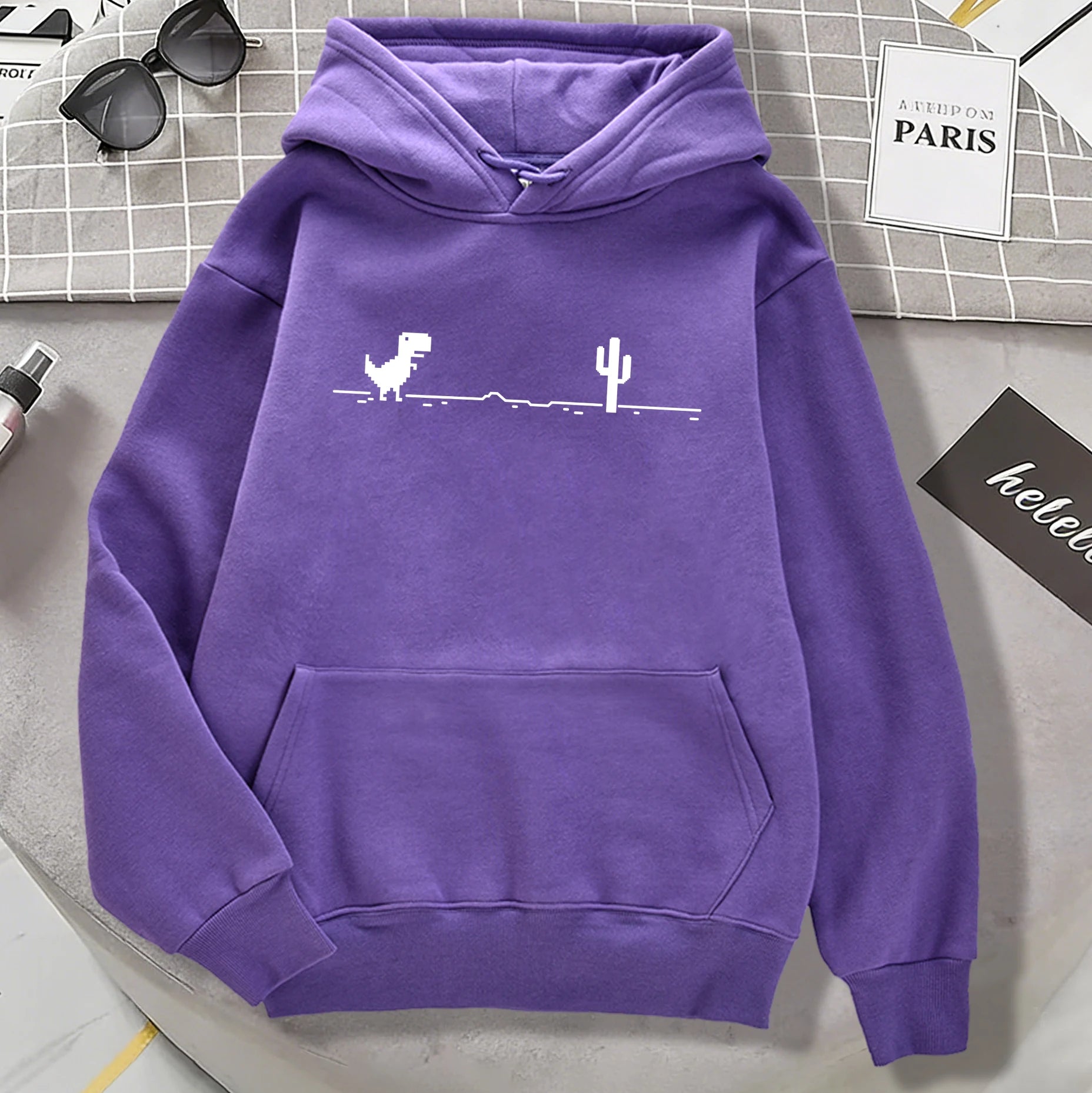 Mosaic Game Cactus Little Dinosaur Mens Hoodies Casual All-Match Pullover Loose Autumn Streetwear Unisex Warm Fleece Clothing