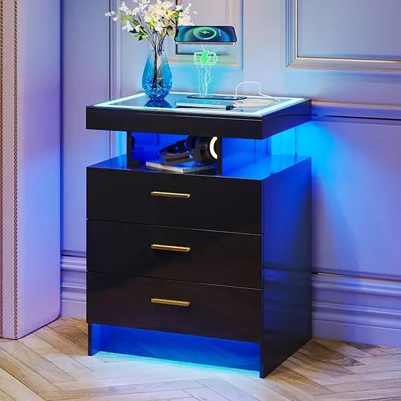 2 Set Nightstands with Wireless Charging Station, Auto Sensor 3 Color Dimmable LED Night Stand, Modern Bedside Table with 3 Dra