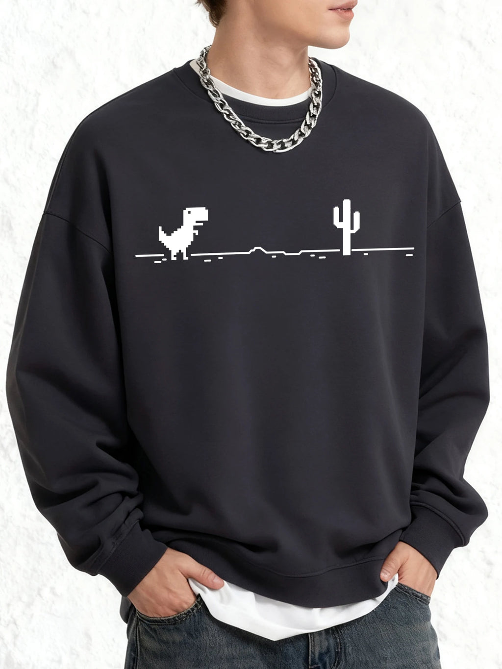 Mosaic Game Cactus Little Dinosaur Print Men Sweatshirt O-Neck Clothing Autumn Warm Oversize Long Sleeve Fashion Basics Clothes