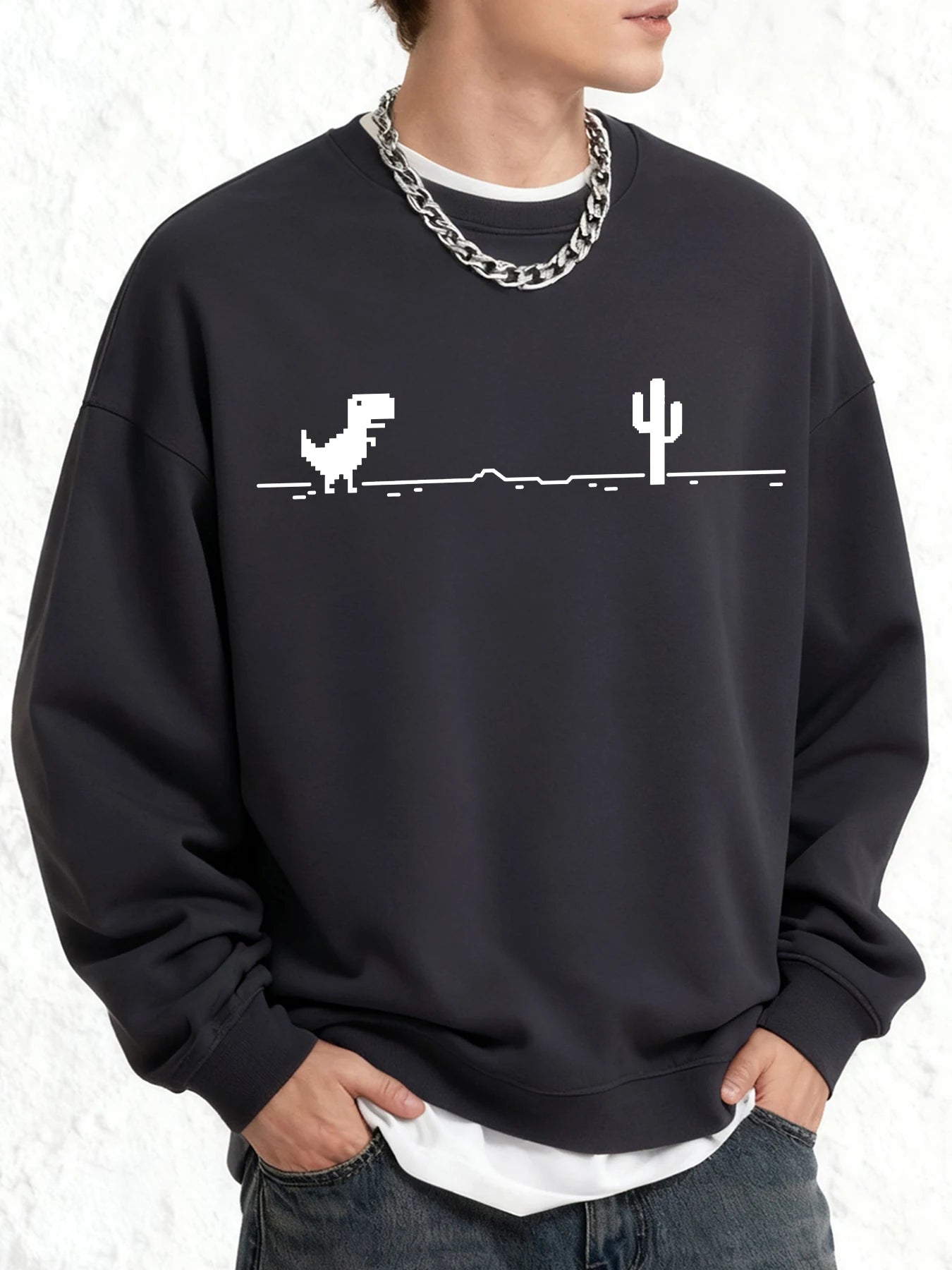 Mosaic Game Cactus Little Dinosaur Print Men Sweatshirt O-Neck Clothing Autumn Warm Oversize Long Sleeve Fashion Basics Clothes
