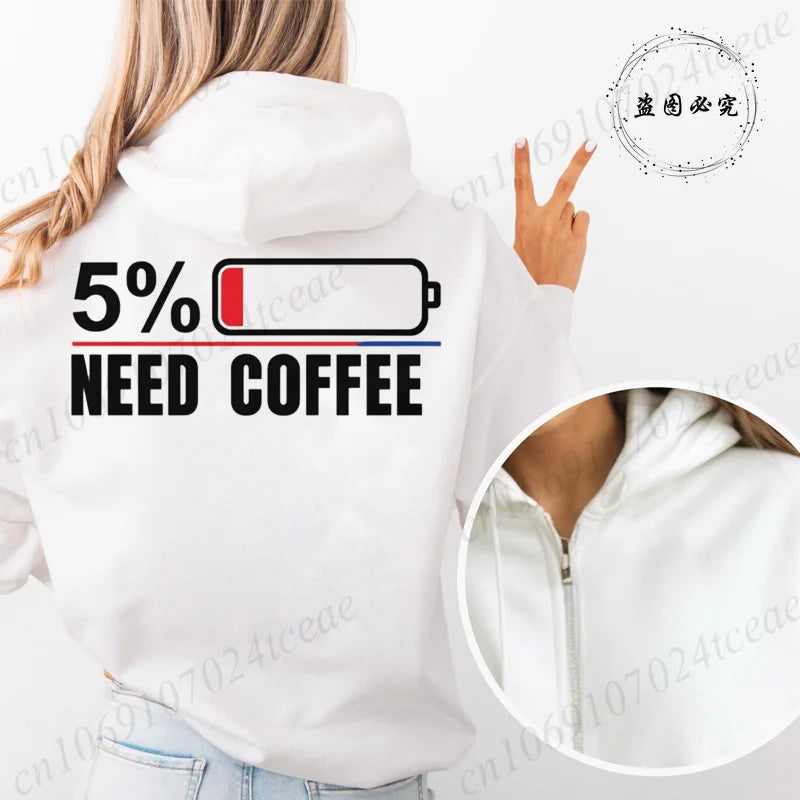Fashion Streetwear Women's Funny Self Care Hooded Jacket with Minimalist Caffeine Print Trendy Zip Up Sweatshirt Coffee Hoodies